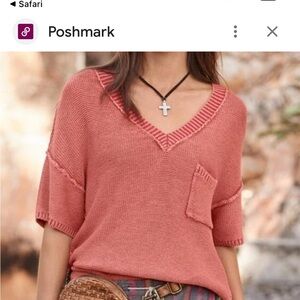 Sundance Coral Cotton Knit Sweater M Oversized Short Sleeve Boho Chic Relaxed